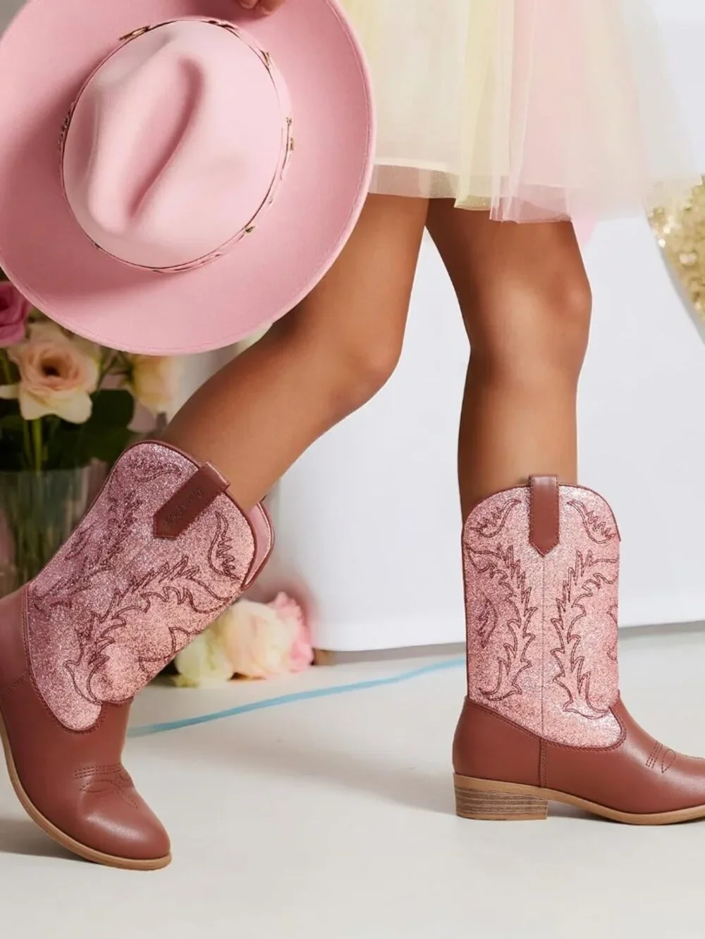 Dream Pairs Girls Pink/Brown Embroidered Cowgirl Stylish Girls Mid Calf Shoes
